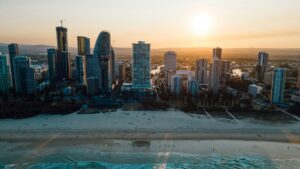 An aerial view of a city at sunset